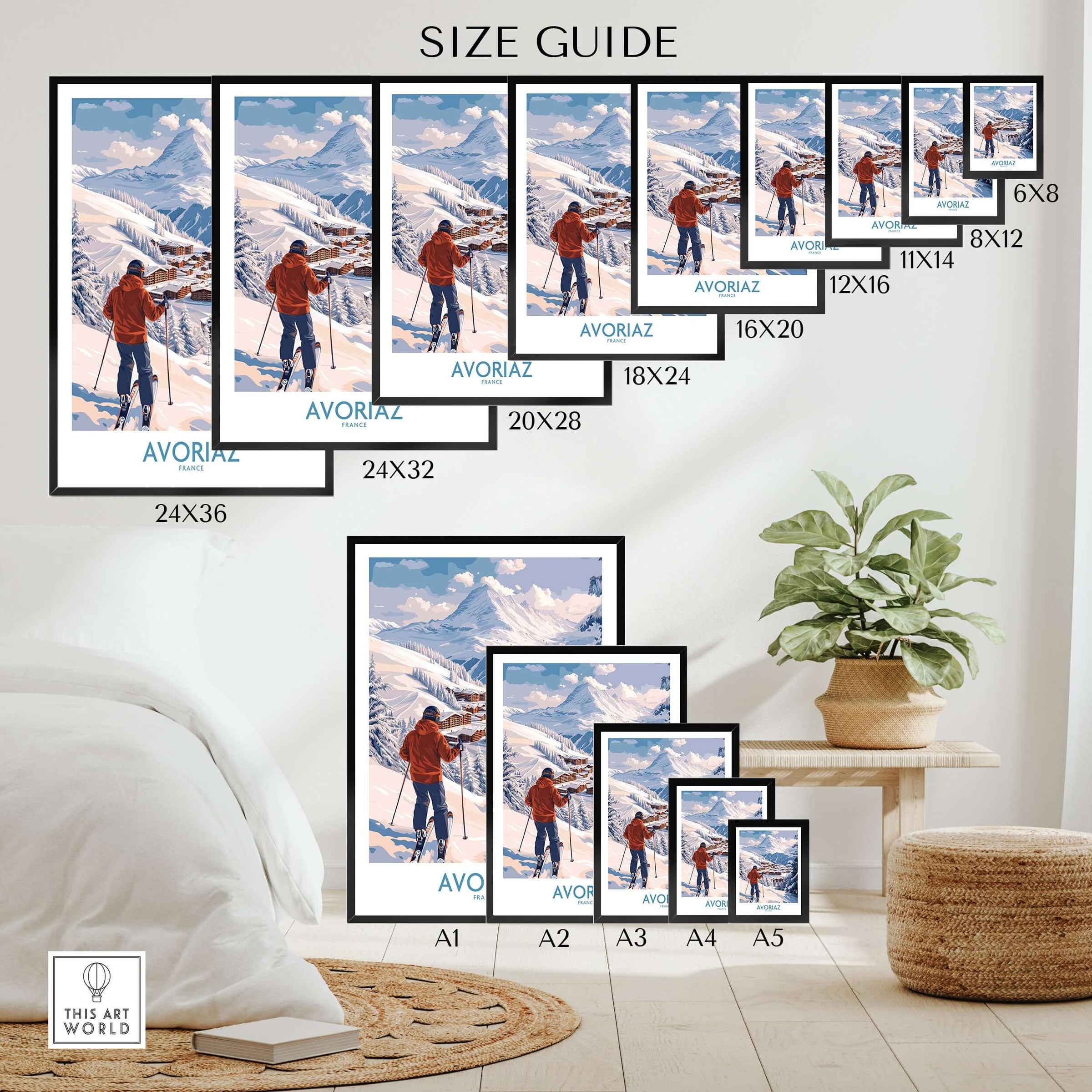 Avoriaz France Ski Chalet Village Art Print | Alpine Skiing Poster size guide showcasing various frame sizes.