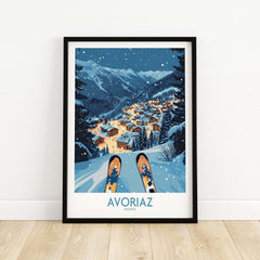 Avoriaz France Art Print | Ski Poster depicting a winter landscape with skis and a charming village in the French Alps.