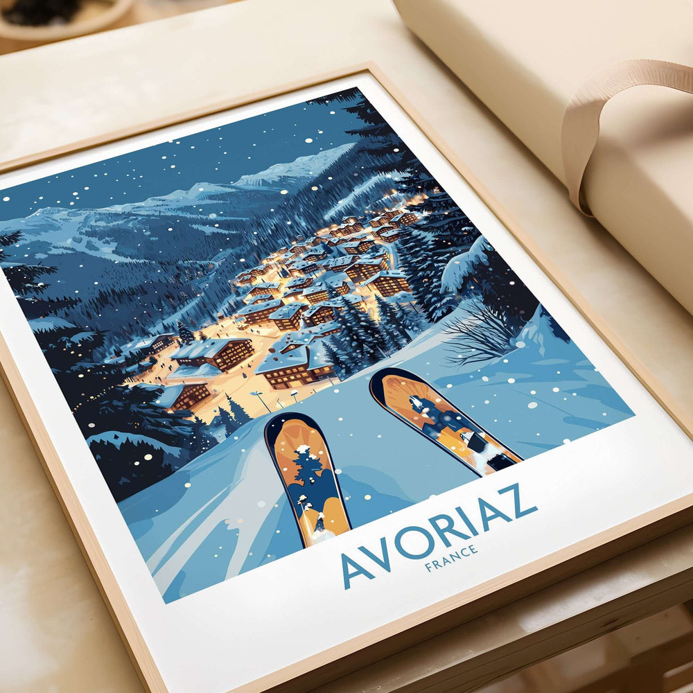 Avoriaz France Art Print | Ski Poster featuring a snowy village landscape and ski design.