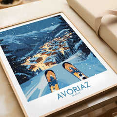 Avoriaz France Art Print | Ski Poster featuring a snowy village landscape and ski design.
