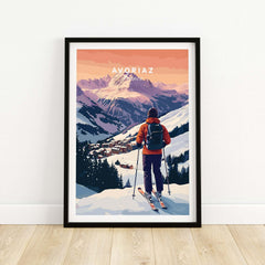 Avoriaz French Ski Poster | Skiing Wall Art showcasing a skier overlooking the stunning snowy slopes of Avoriaz.