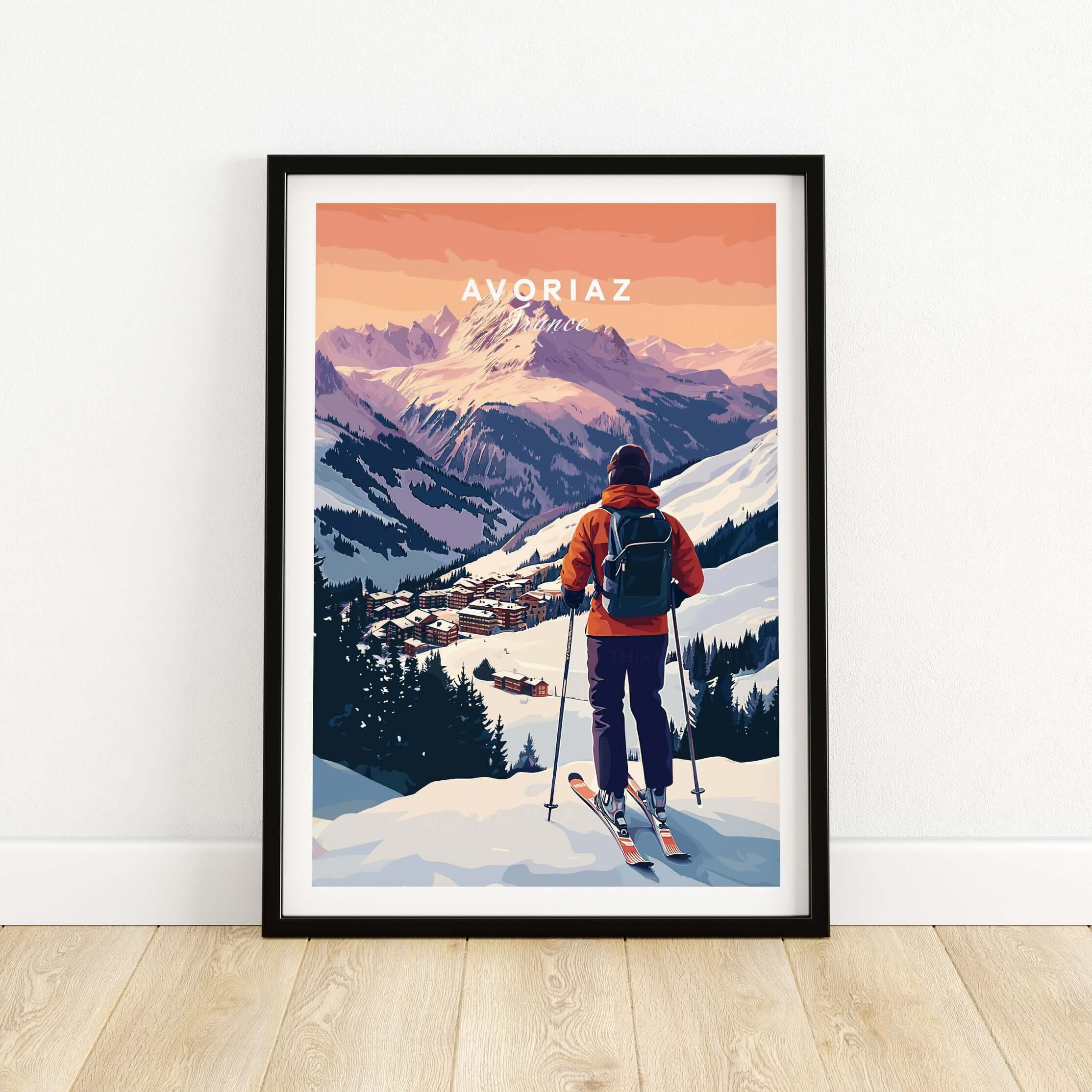 Avoriaz French Ski Poster | Skiing Wall Art showcasing a skier overlooking the stunning snowy slopes of Avoriaz.