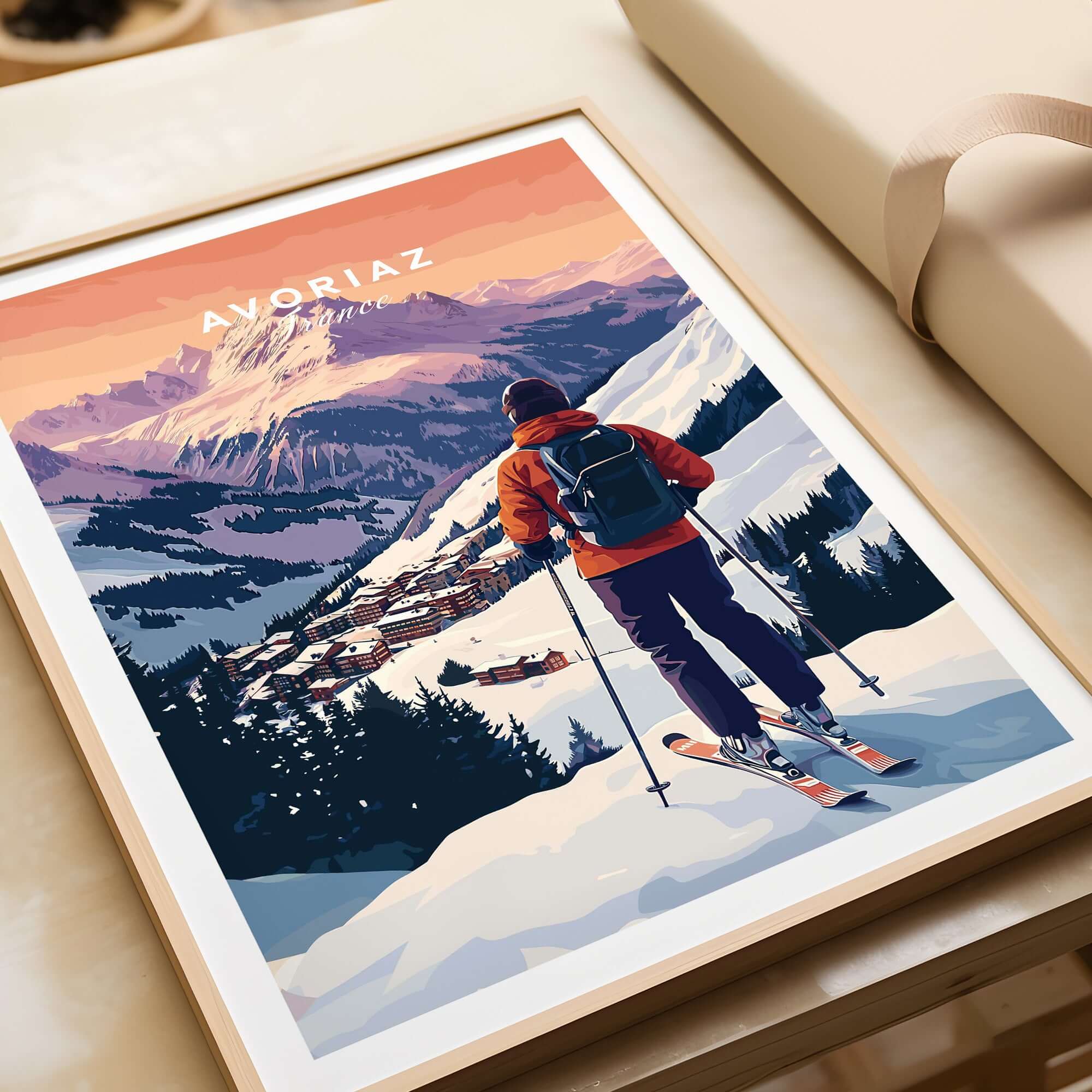 Avoriaz French Ski Poster | Skiing Wall Art featuring a skier on snowy slopes with mountain scenery.