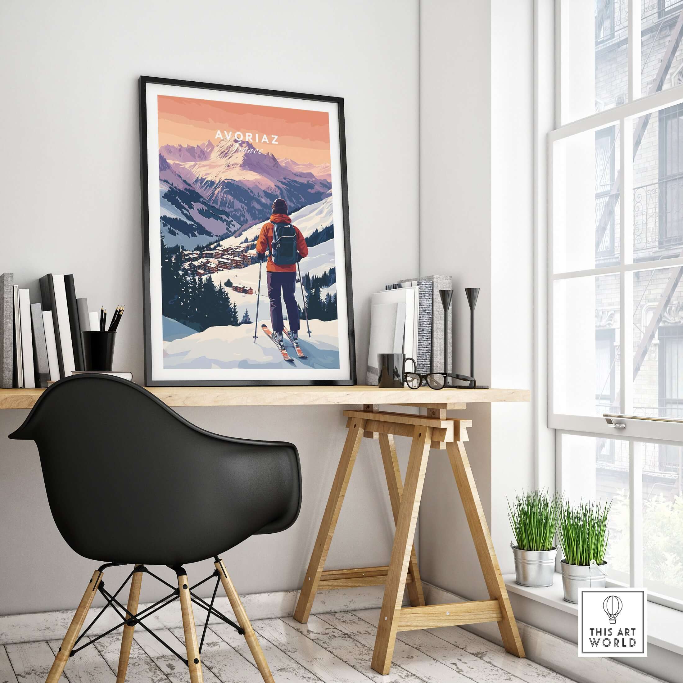 Avoriaz French Ski Poster | Skiing Wall Art displayed in a stylish interior with a mountain view.