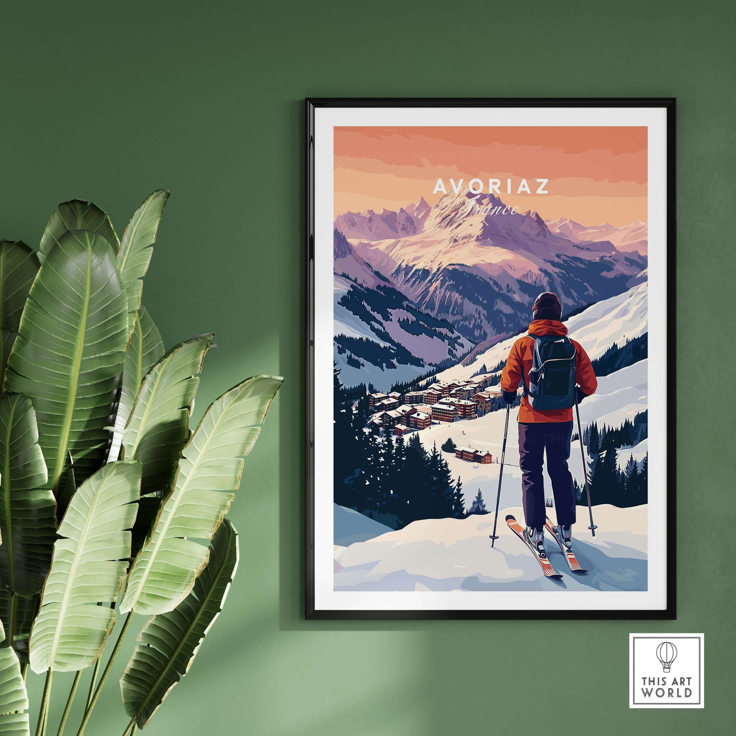 Avoriaz French Ski Poster | Skiing Wall Art featuring a skier overlooking a beautiful alpine landscape.