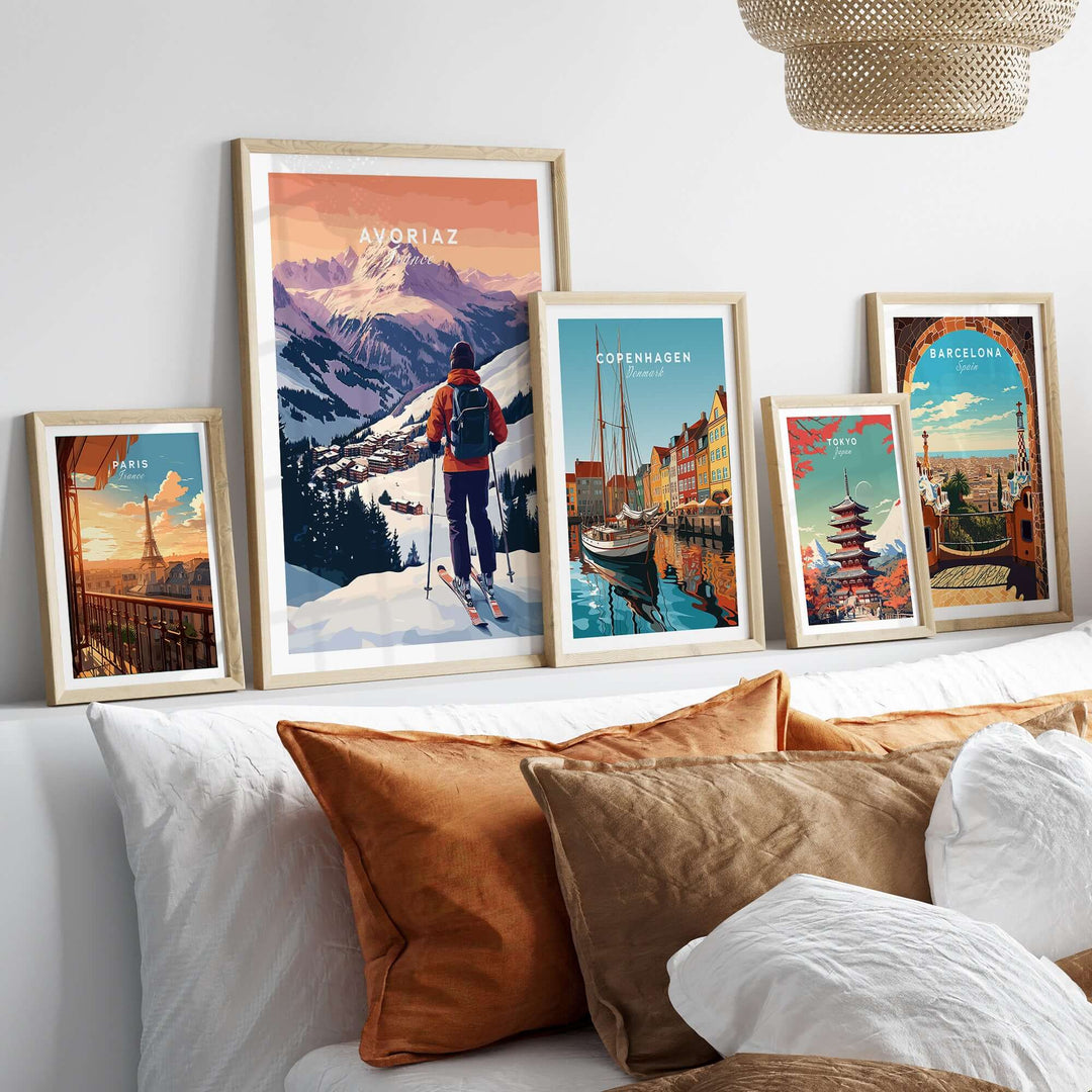 Avoriaz French Ski Poster | Skiing Wall Art showcased among travel-themed posters on a stylish sofa.