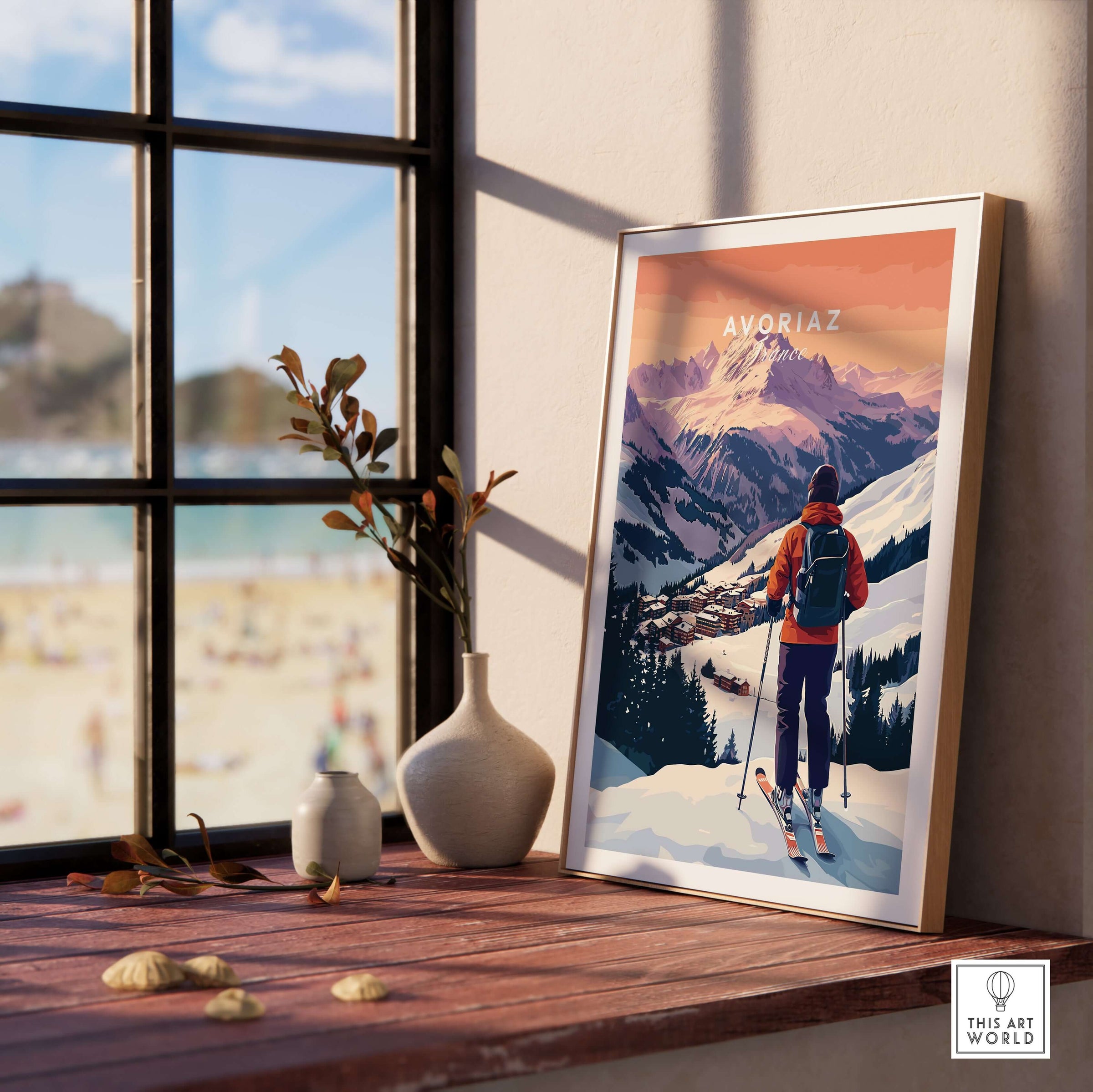 Avoriaz French Ski Poster | Skiing Wall Art displayed in a cozy room with a view of mountains and a sunny beach.