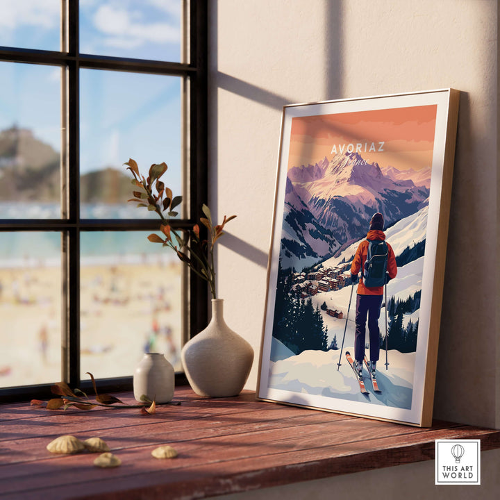 Avoriaz French Ski Poster | Skiing Wall Art displayed in a cozy room with a view of mountains and a sunny beach.