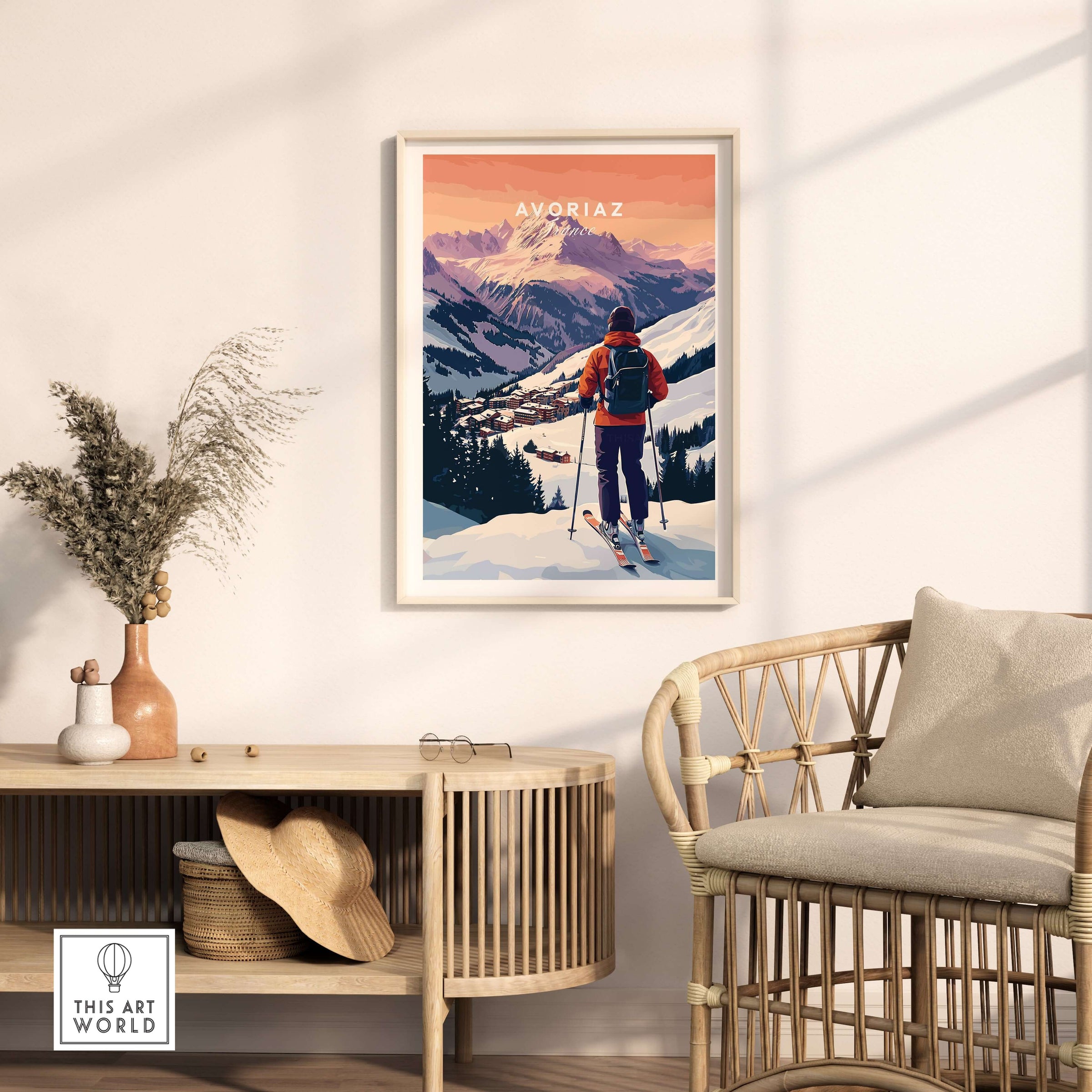 Avoriaz French Ski Poster | Skiing Wall Art showcasing a skier in the mountains, perfect for winter sports enthusiasts.
