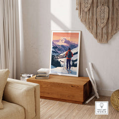Avoriaz French Ski Poster | Skiing Wall Art displayed in a cozy living room with wooden accents.