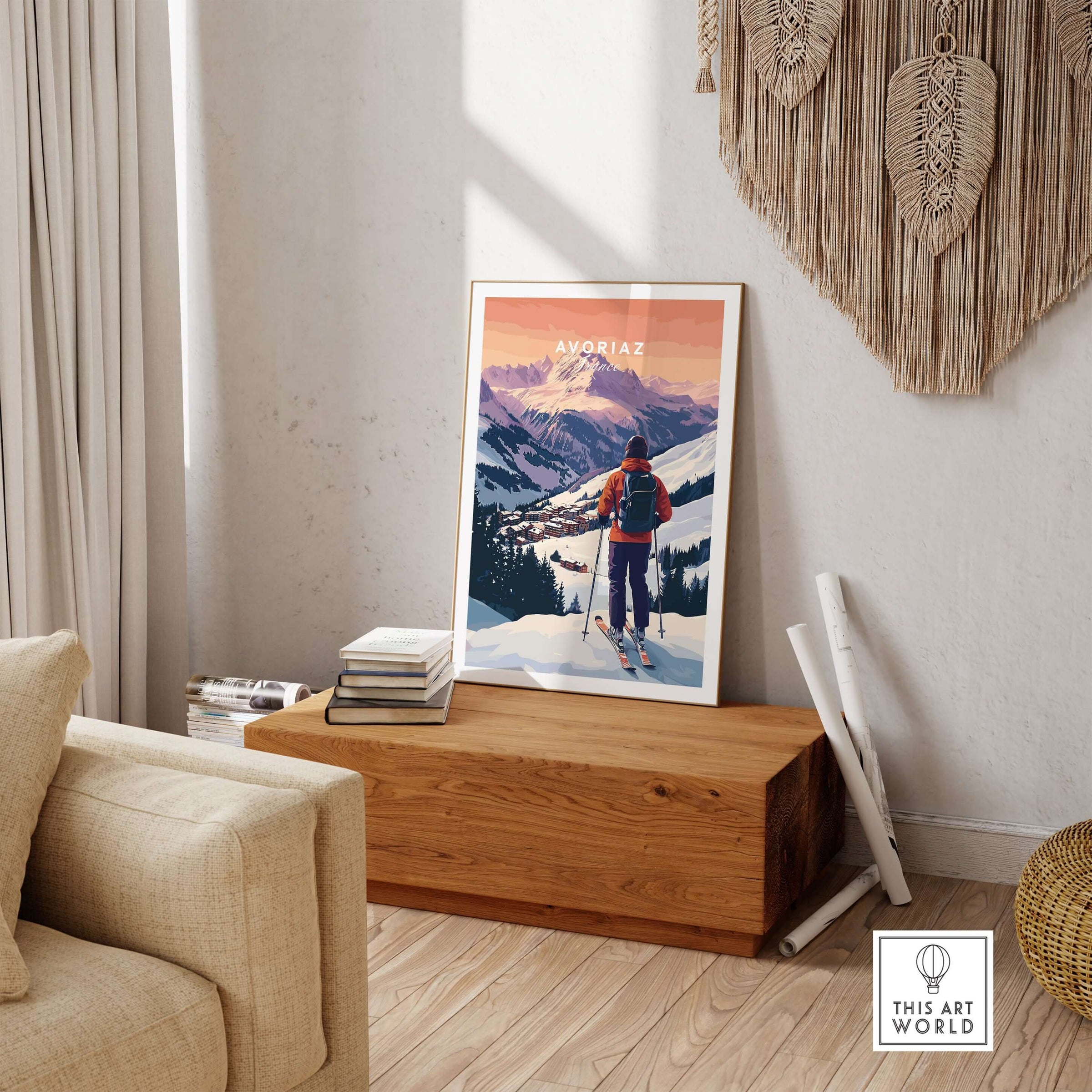 Avoriaz French Ski Poster | Skiing Wall Art displayed in a cozy living room with wooden accents.