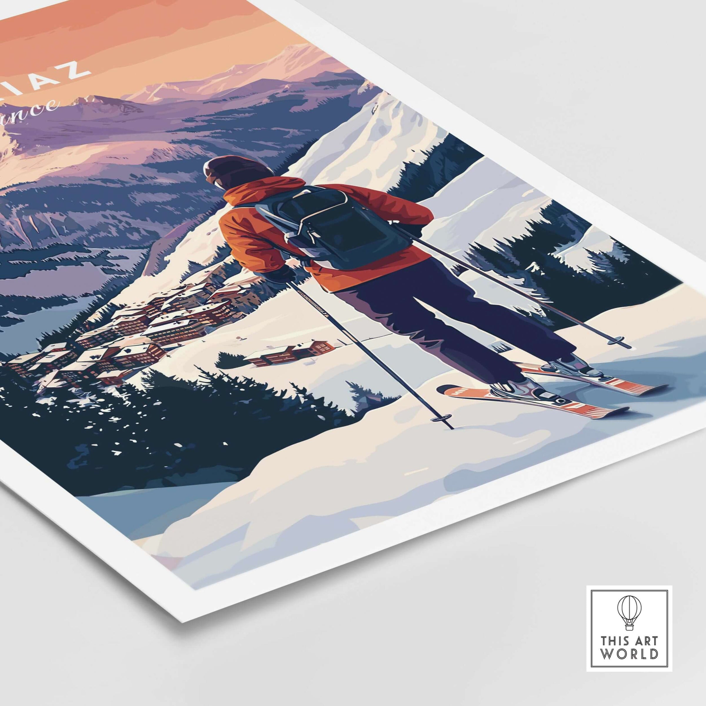 Avoriaz French Ski Poster | Skiing Wall Art featuring a skier overlooking a snowy landscape and mountain village.