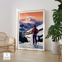 Avoriaz French Ski Poster | Skiing Wall Art showcasing a skier amidst stunning mountain scenery.