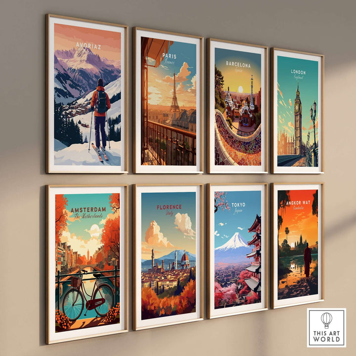 Avoriaz French Ski Poster | Skiing Wall Art showcased among vibrant city-themed travel posters on a stylish wall.