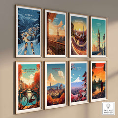 Avoriaz Poster - Winter Chalets Print | French Ski Home Decor displayed in a gallery wall design with themed art prints.