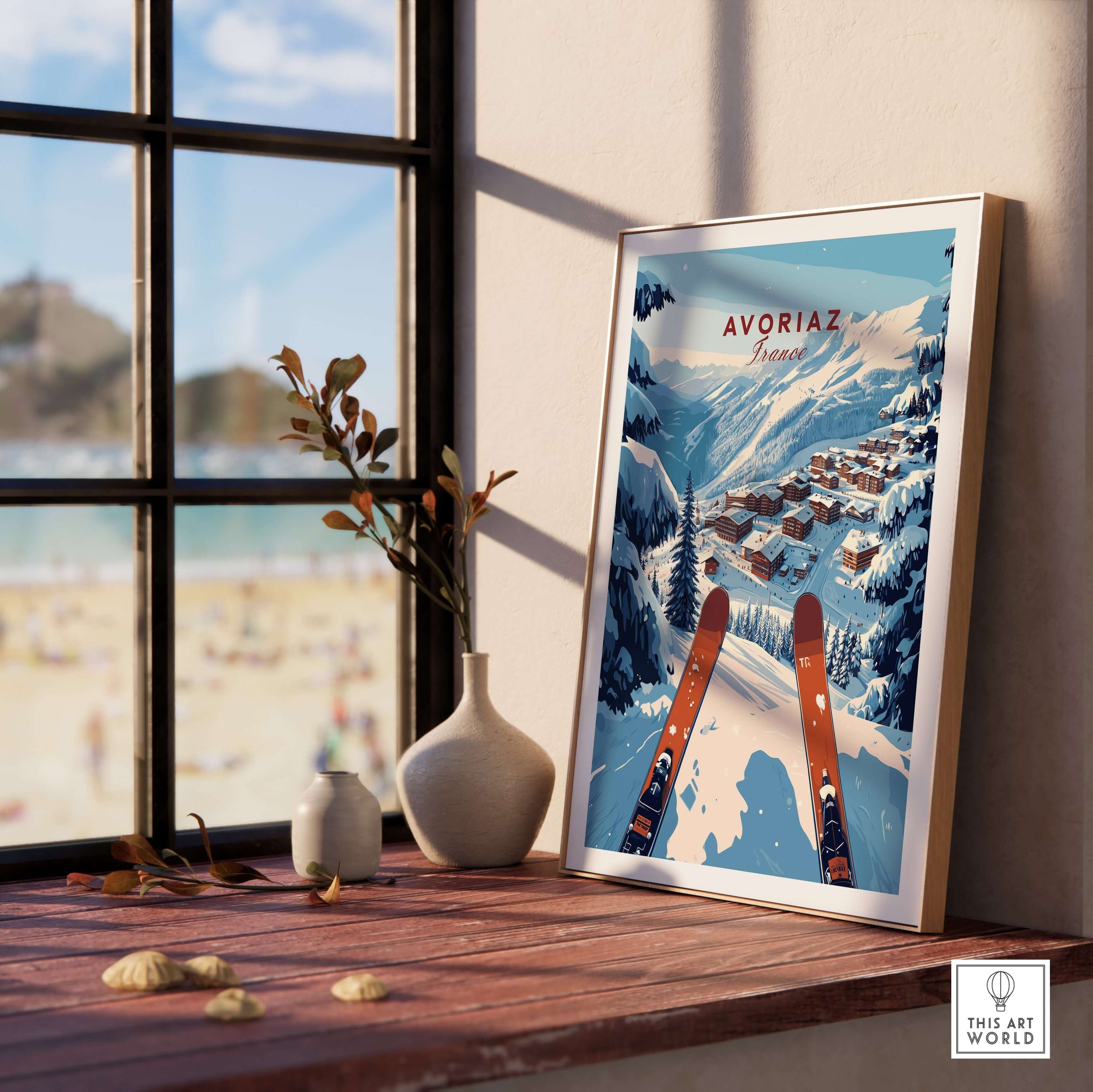 Avoriaz Portes du Soleil Slopes Print | French Alpine Ski Wall Decor displayed in a cozy interior with sunlight.