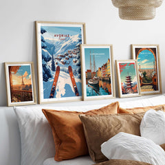Avoriaz Portes du Soleil Slopes Print | French Alpine Ski Wall Decor displayed among other art pieces on a cozy sofa.