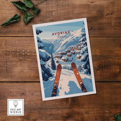 Avoriaz Portes du Soleil Slopes Print | French Alpine Ski Wall Decor featuring snowy slopes and ski gear.