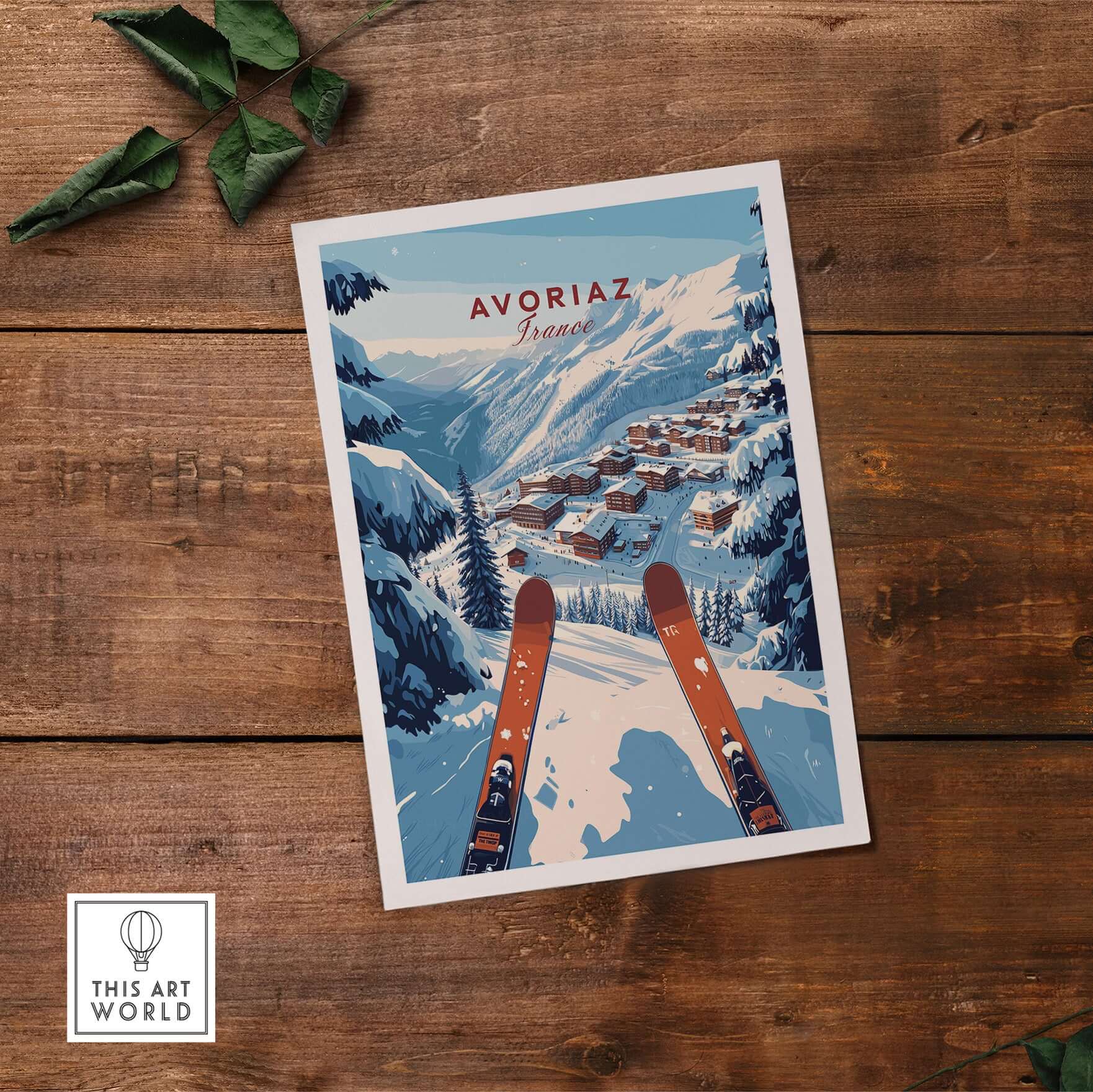 Avoriaz Portes du Soleil Slopes Print | French Alpine Ski Wall Decor featuring snowy slopes and ski gear.