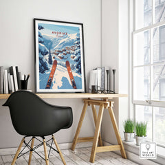 Avoriaz Portes du Soleil Slopes Print | French Alpine Ski Wall Decor featuring vibrant ski landscape in a stylish interior.