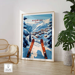 Avoriaz Portes du Soleil Slopes Print | French Alpine Ski Wall Decor showcasing a stunning ski landscape with vibrant colors.