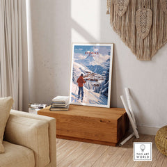 Avoriaz Portes du Soleil Slopes Ski Print | French Alps Wall Decor situated in a cozy living room setting.