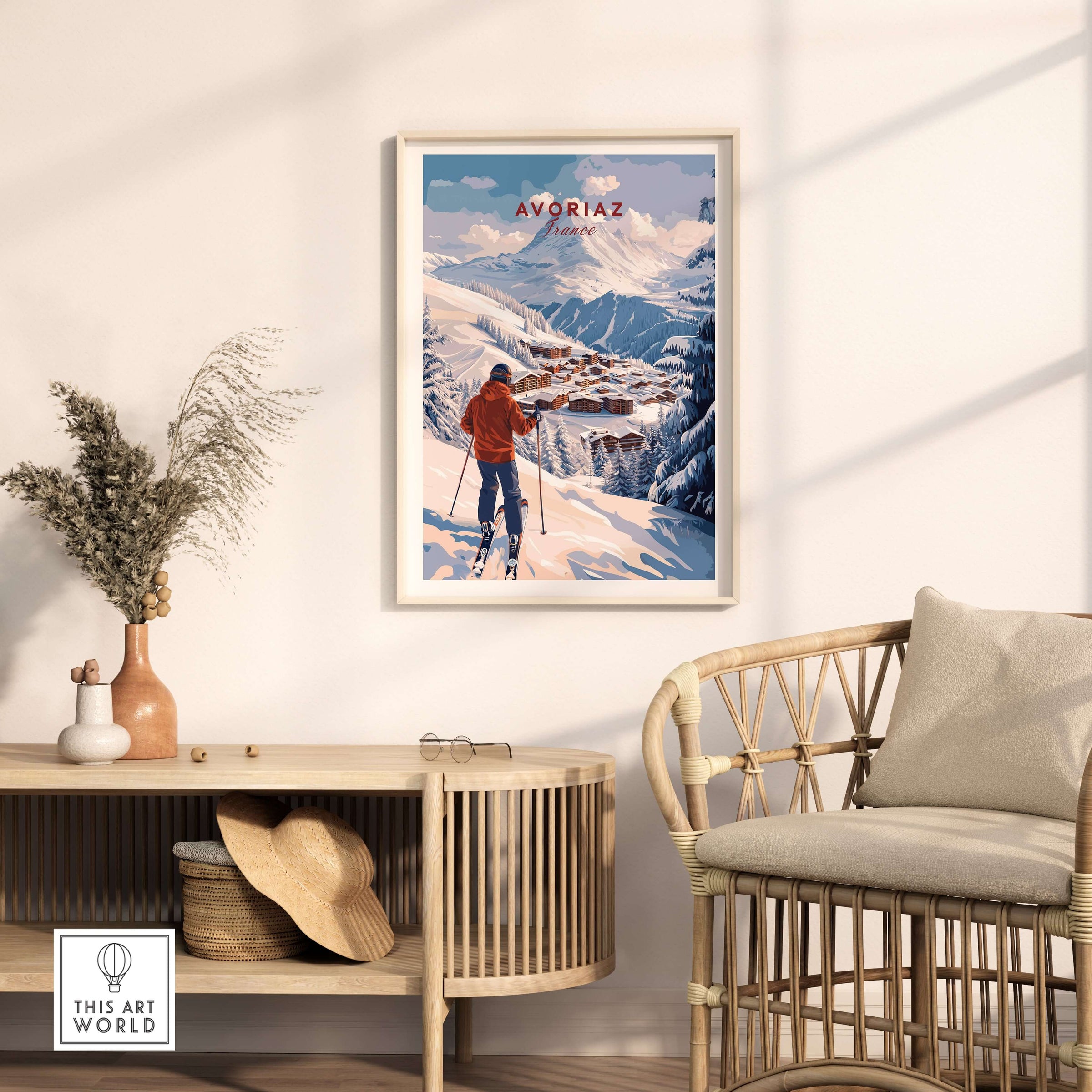 Avoriaz Portes du Soleil Slopes Ski Print | French Alps Wall Decor in a cozy home setting.