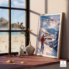 Avoriaz Portes du Soleil Slopes Ski Print | French Alps Wall Decor displayed in a cozy interior with winter landscape.