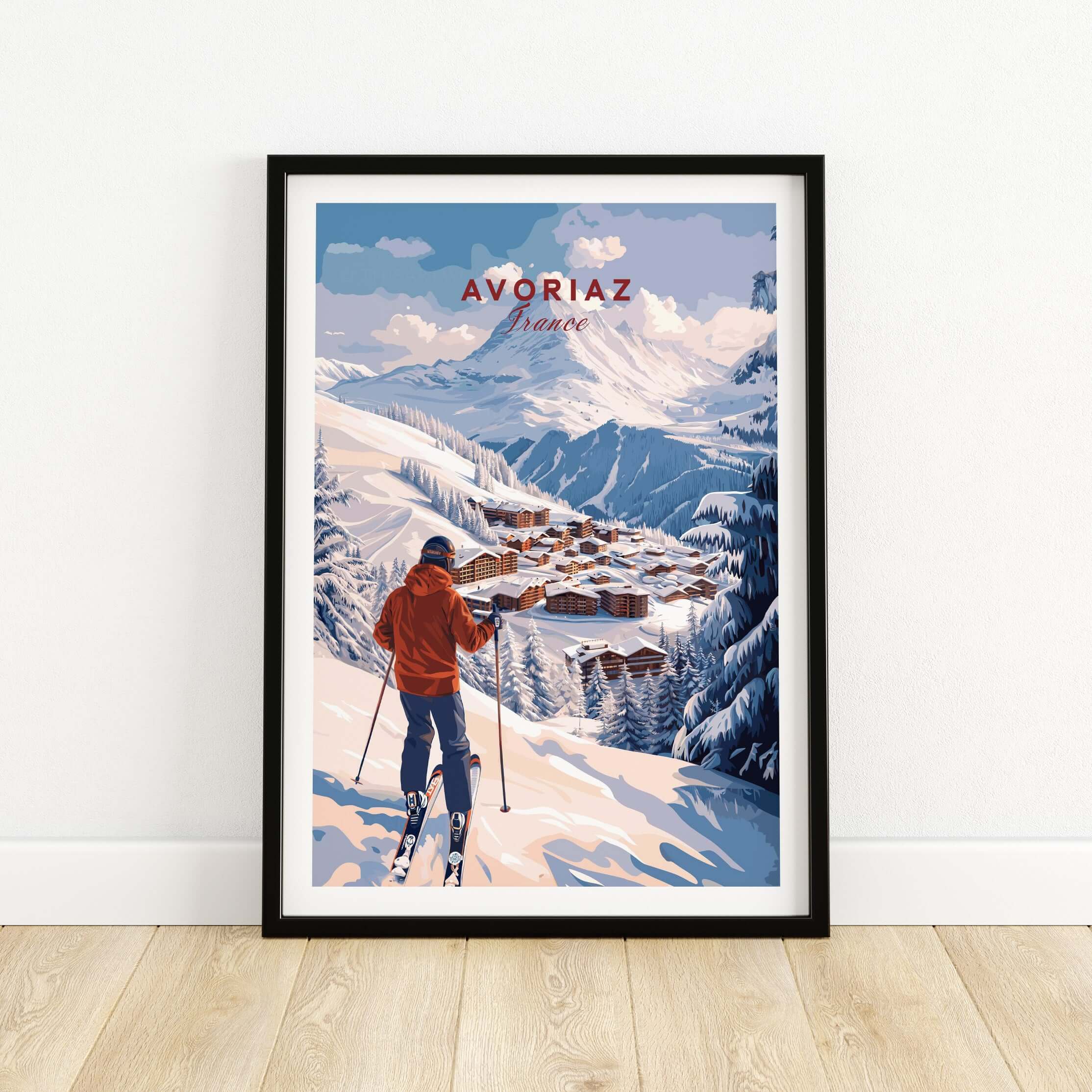 Avoriaz Portes du Soleil Slopes Ski Print | French Alps Wall Decor featuring skier overlooking snowy mountains.