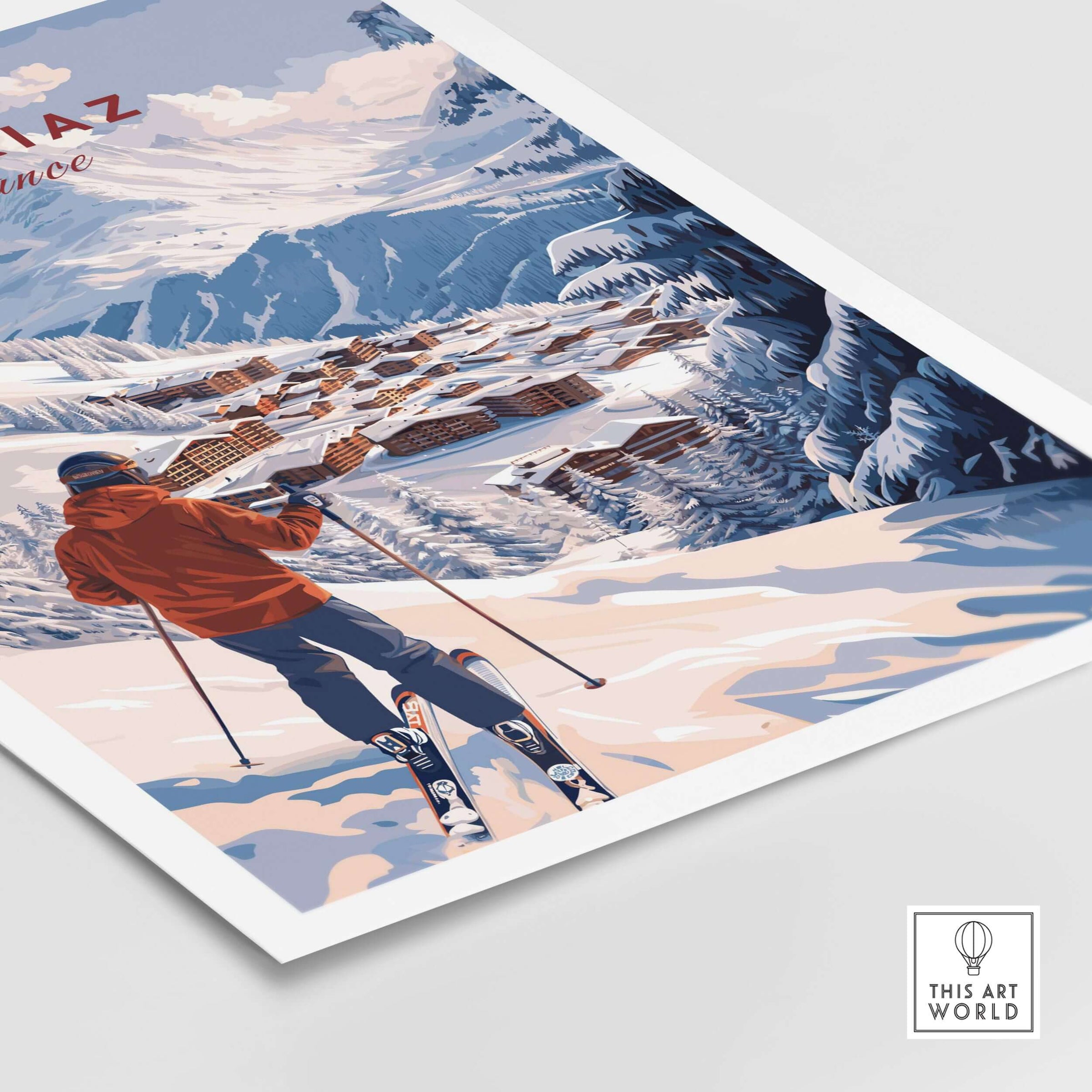 Avoriaz Portes du Soleil Slopes Ski Print | French Alps Wall Decor showing skier on mountain slopes