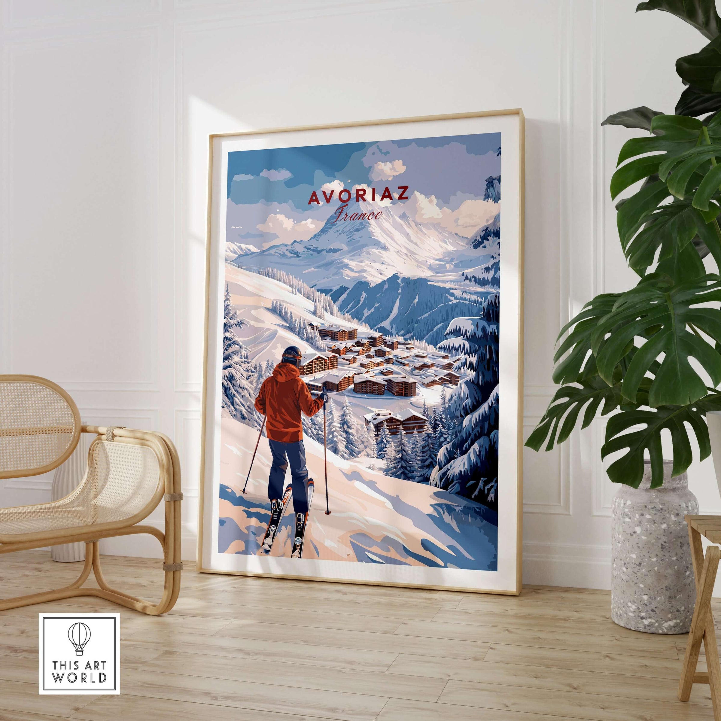 Avoriaz Portes du Soleil Slopes Ski Print | French Alps Wall Decor featuring a skier in a snowy landscape.