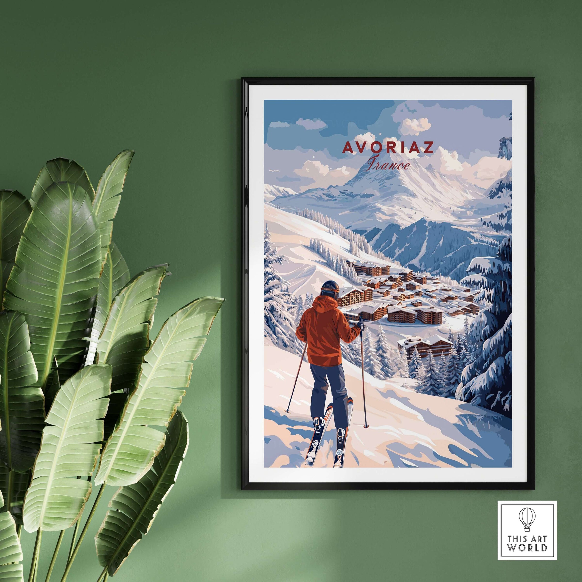 Avoriaz Portes du Soleil Slopes Ski Print | French Alps Wall Decor framed on green wall with ski scene