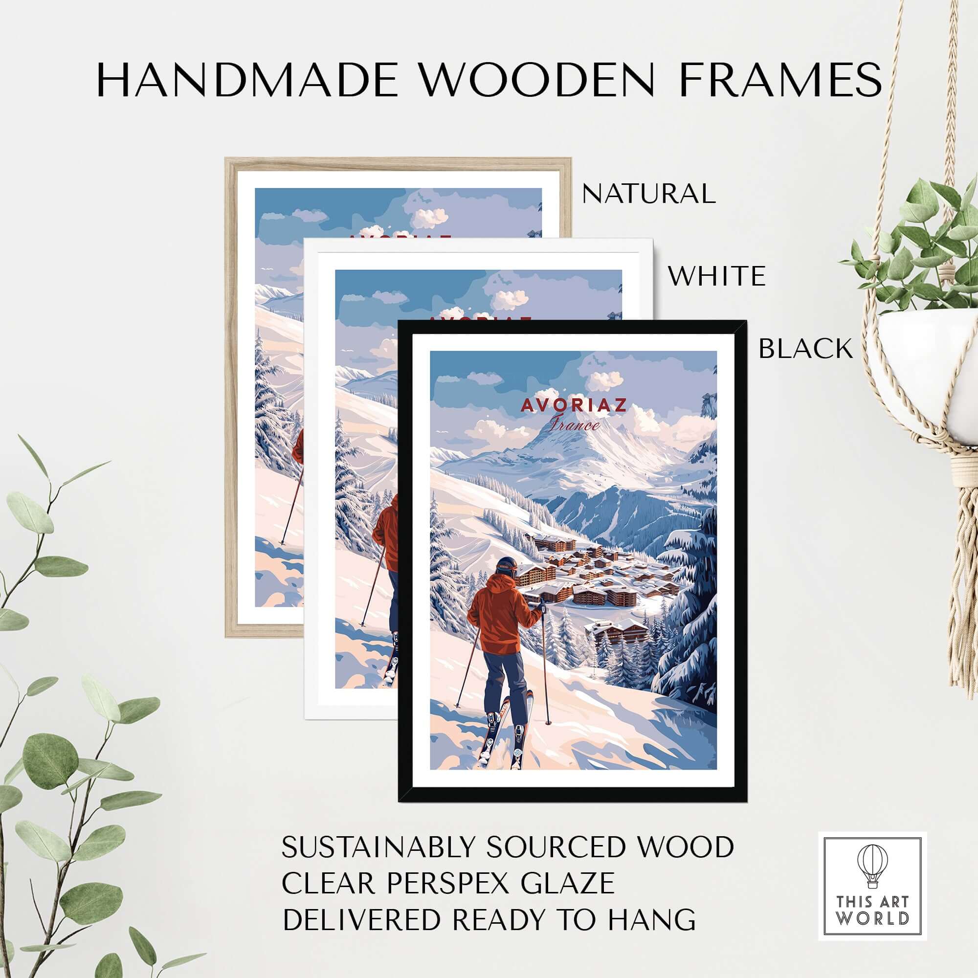 Avoriaz Portes du Soleil Slopes Ski Print | French Alps Wall Decor displayed in handmade wooden frames.