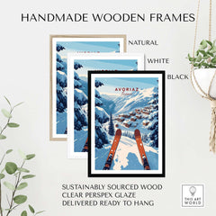 Avoriaz Portes du Soleil Slopes Print | French Alpine Ski Wall Decor framed in natural, white, and black handmade wooden frames.