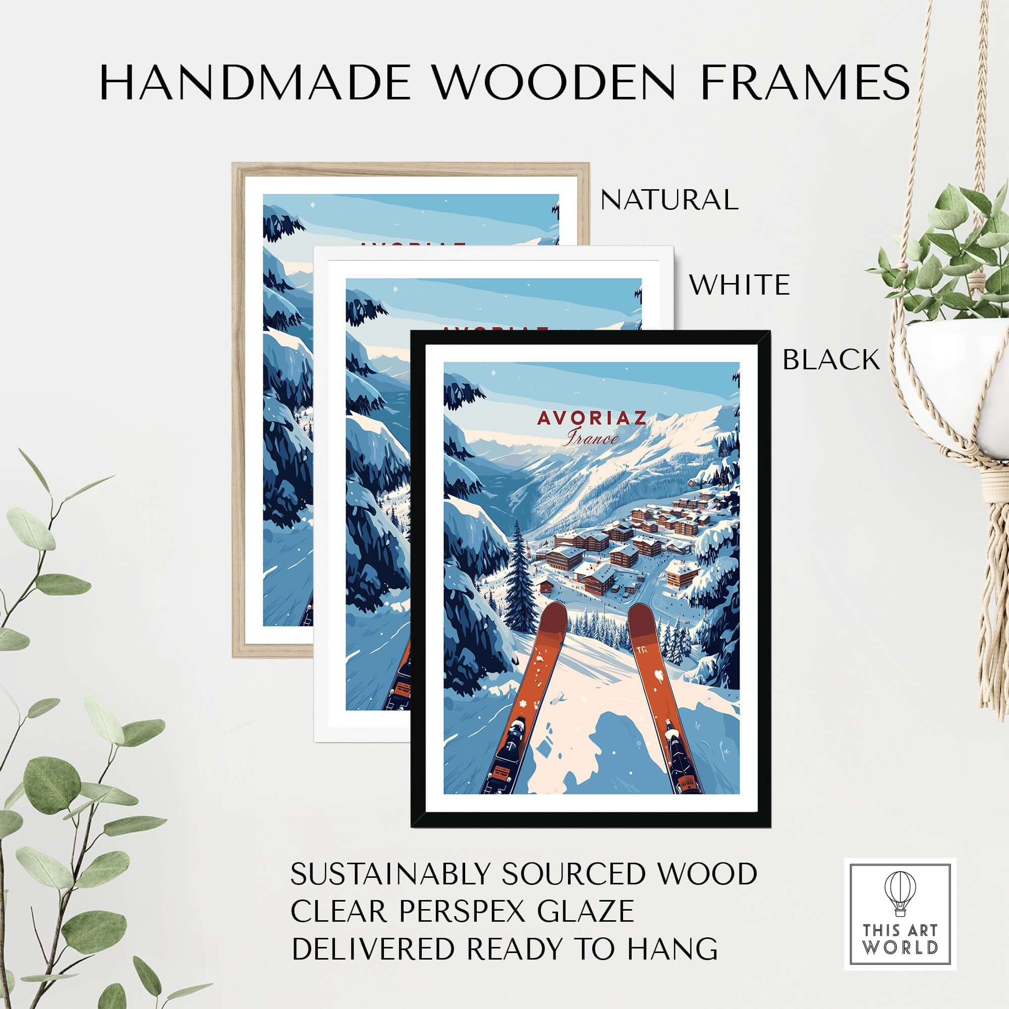 Avoriaz Portes du Soleil Slopes Print | French Alpine Ski Wall Decor framed in natural, white, and black handmade wooden frames.