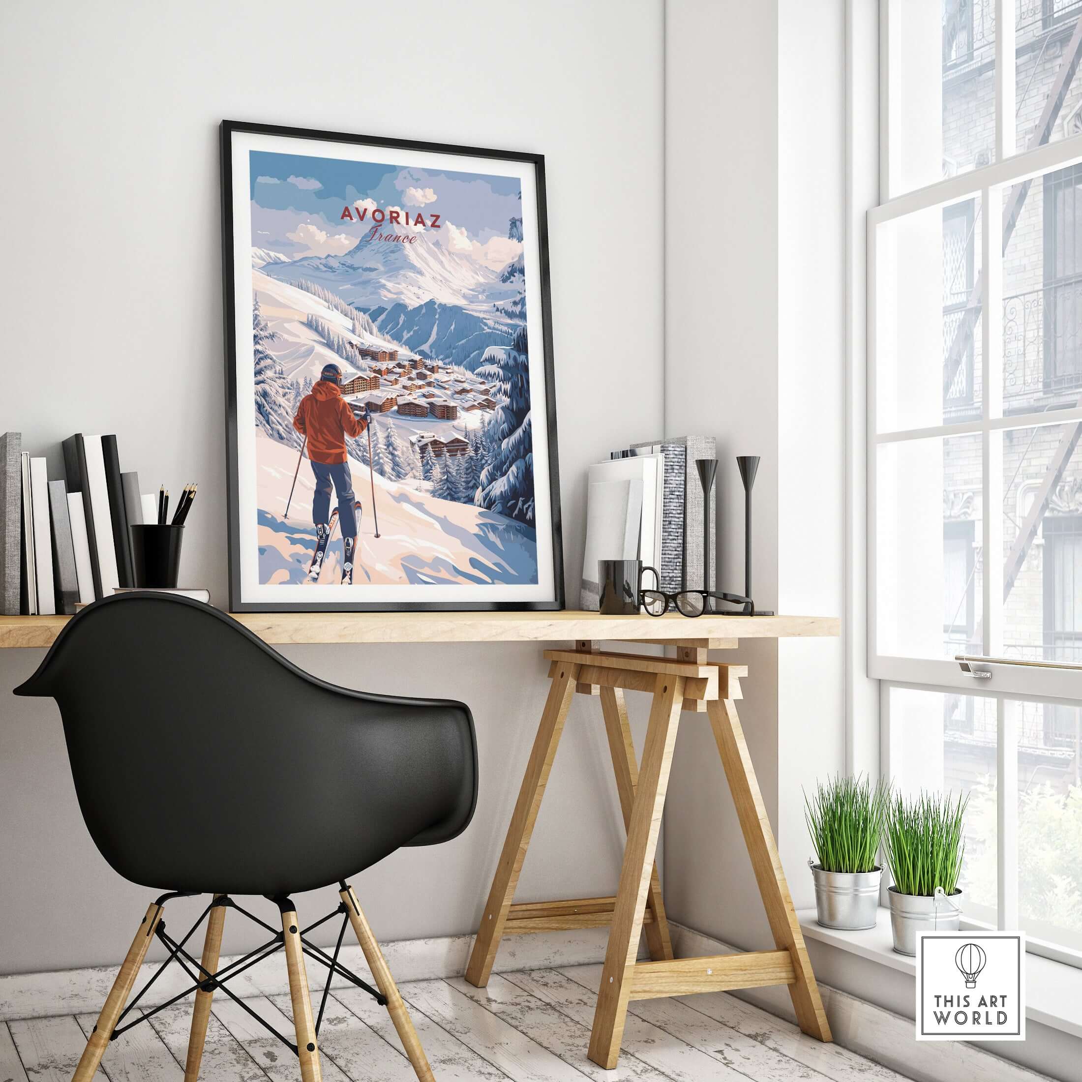 Avoriaz Portes du Soleil Slopes Ski Print | French Alps Wall Decor displayed in a modern interior with a chair and desk.