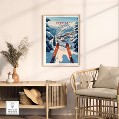 Avoriaz Portes du Soleil Slopes Print | French Alpine Ski Wall Decor featuring a ski scene in a stylish interior.
