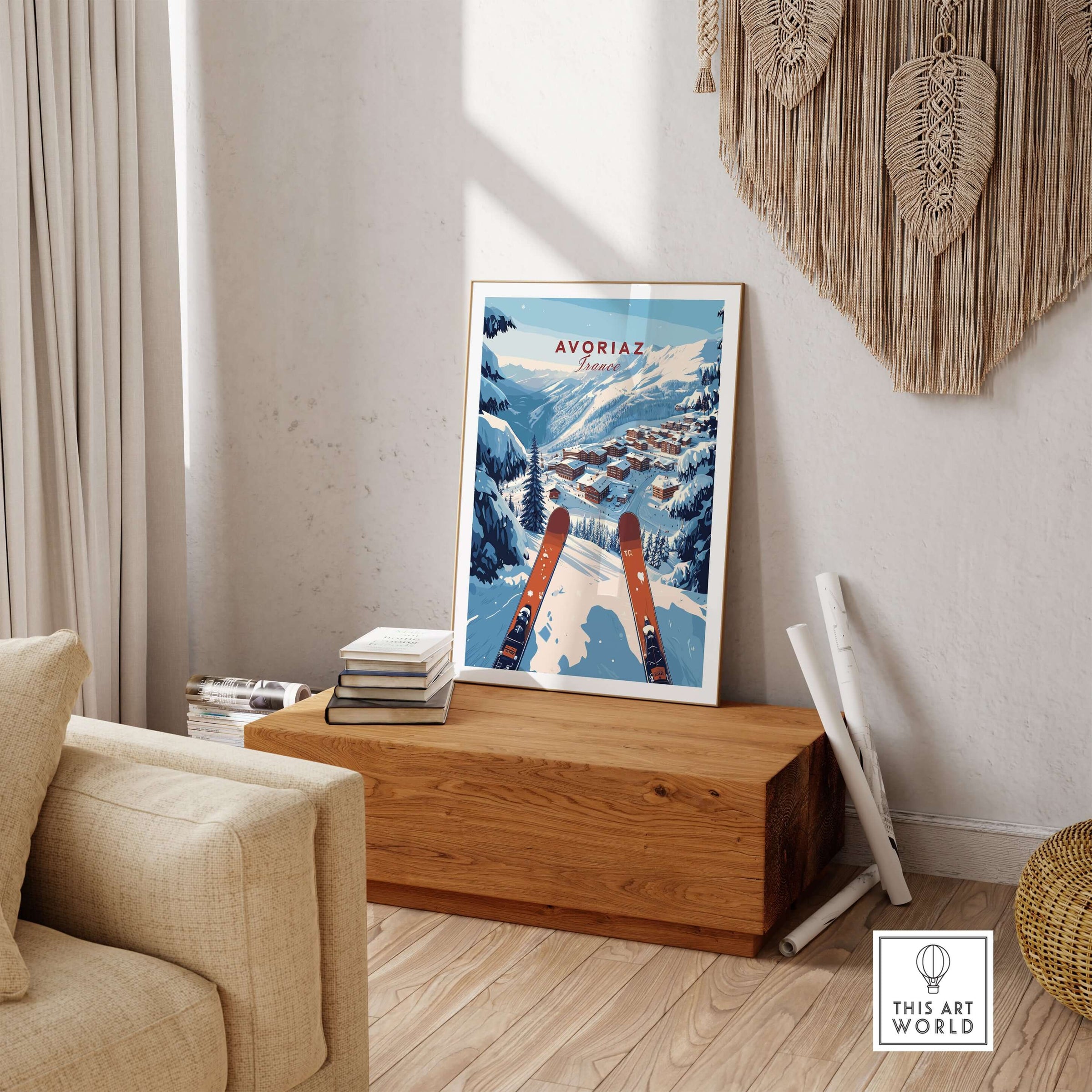 Avoriaz Portes du Soleil Slopes Print | French Alpine Ski Wall Decor displayed in a cozy living room setting.