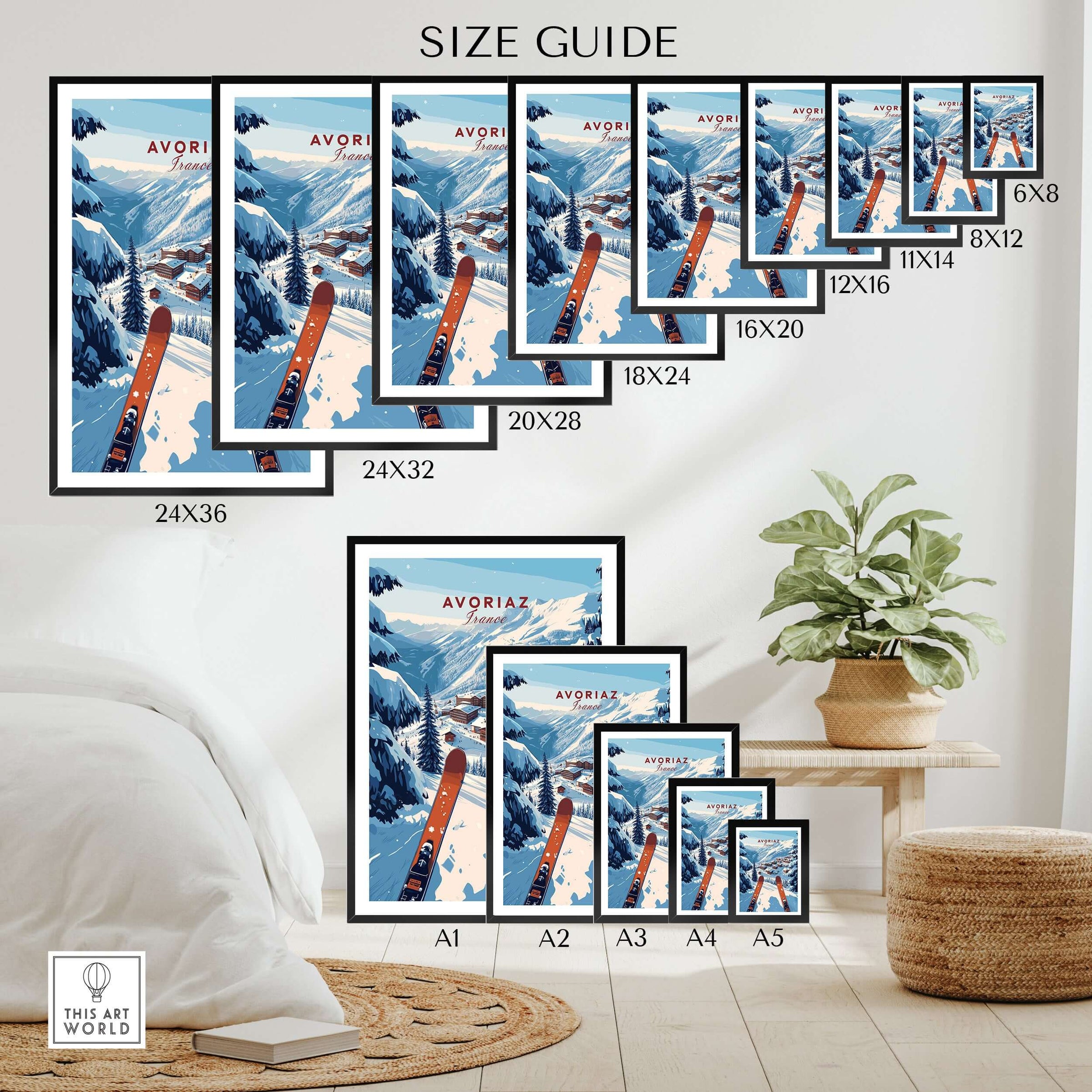 Avoriaz Portes du Soleil Slopes Print | French Alpine Ski Wall Decor size guide showcasing various frame sizes against a stylish interior.
