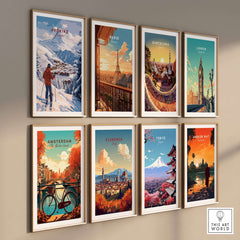 Avoriaz Portes du Soleil Slopes Ski Print | French Alps Wall Decor featuring various city landscapes in stylish frames.