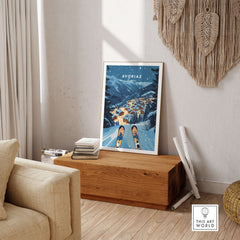 Avoriaz Poster - Winter Chalets Print | French Ski Home Decor displayed in a cozy living room setting with wooden furniture.