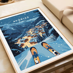 Avoriaz Poster - Winter Chalets Print | French Ski Home Decor featuring a snowy alpine village scene.