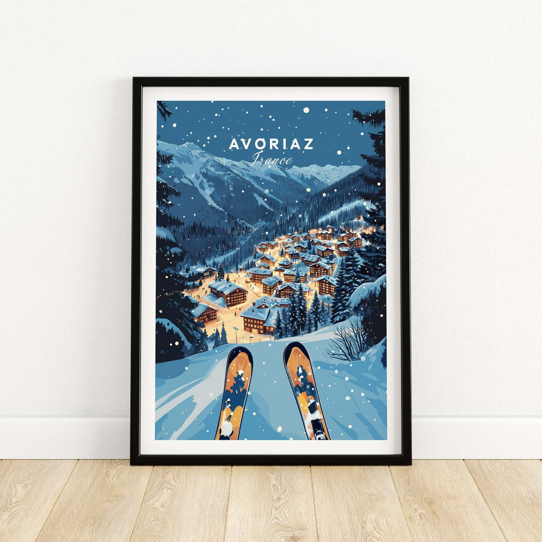 Avoriaz Poster - Winter Chalets Print | French Ski Home Decor showcasing a snowy Alpine village and skis.