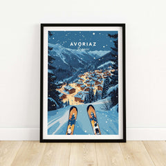 Avoriaz Poster - Winter Chalets Print | French Ski Home Decor showcasing a snowy Alpine village and skis.