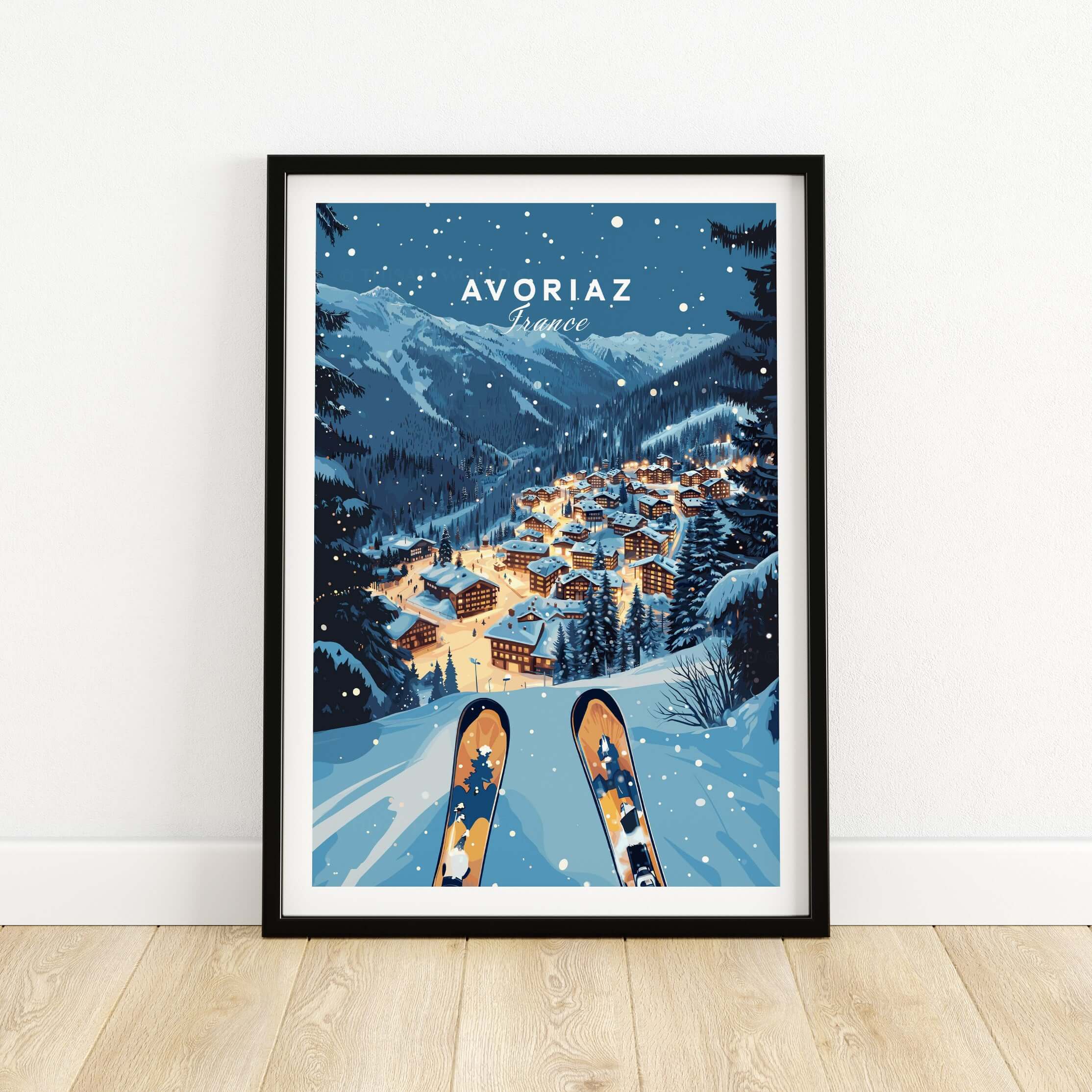 Avoriaz Poster - Winter Chalets Print | French Ski Home Decor showcasing a snowy Alpine village and skis.