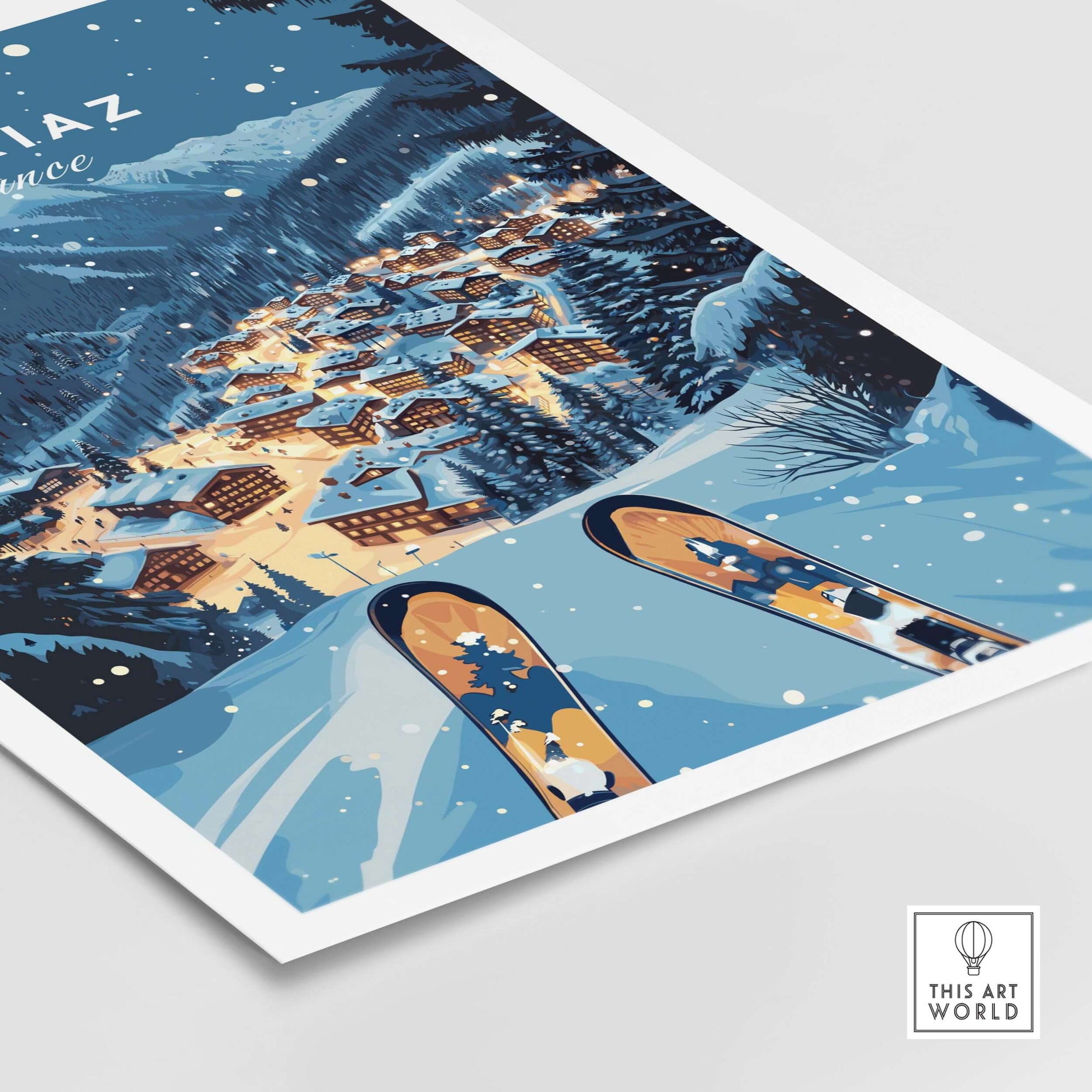 Avoriaz Poster - Winter Chalets Print | French Ski Home Decor showcasing a scenic winter landscape with skis.