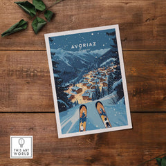 Avoriaz Poster - Winter Chalets Print | French Ski Home Decor showcasing winter skiing and alpine scenery.