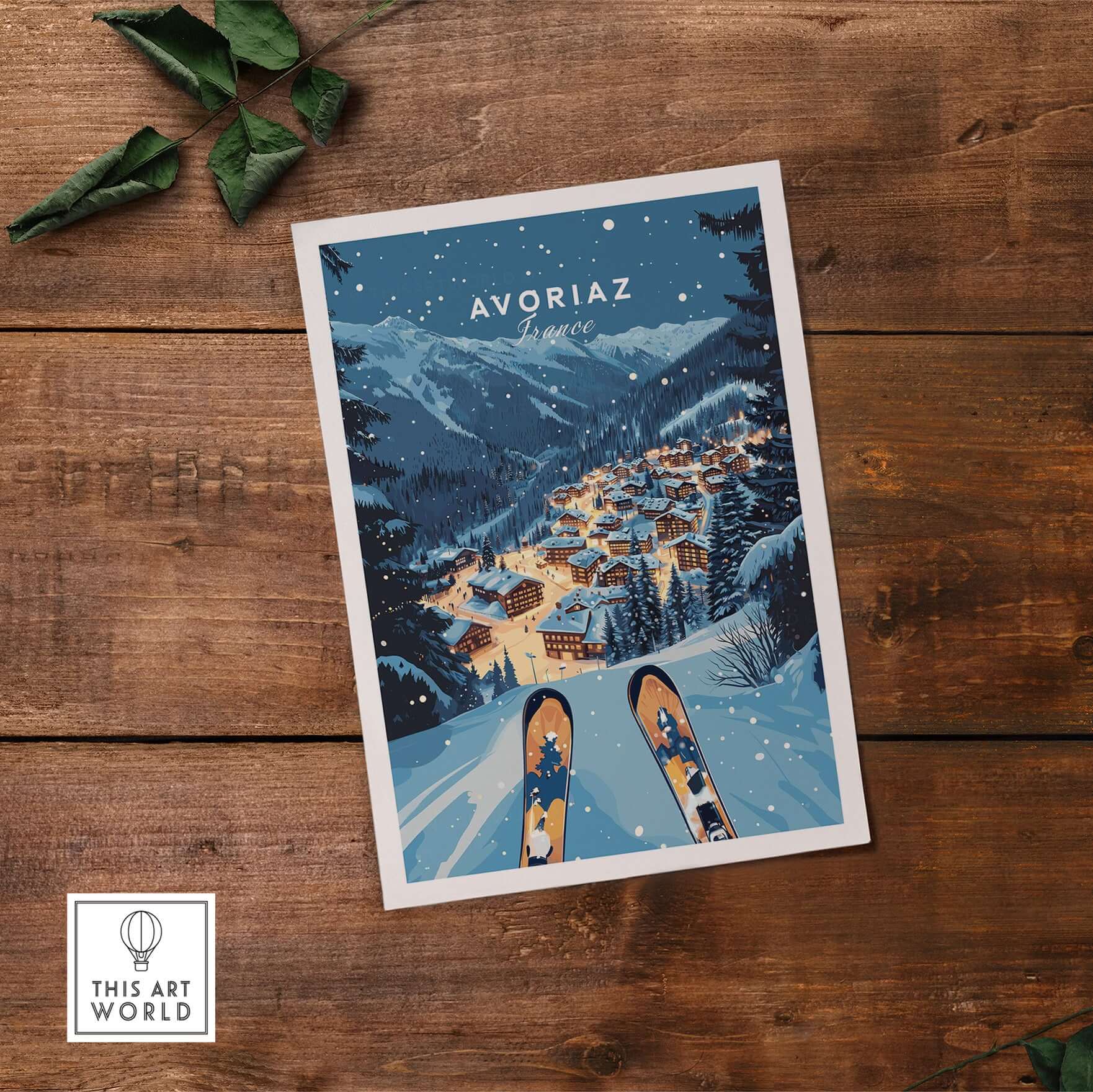Avoriaz Poster - Winter Chalets Print | French Ski Home Decor showcasing winter skiing and alpine scenery.
