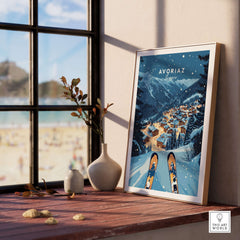 Avoriaz Poster - Winter Chalets Print | French Ski Home Decor displayed in a cozy room with a scenic view.