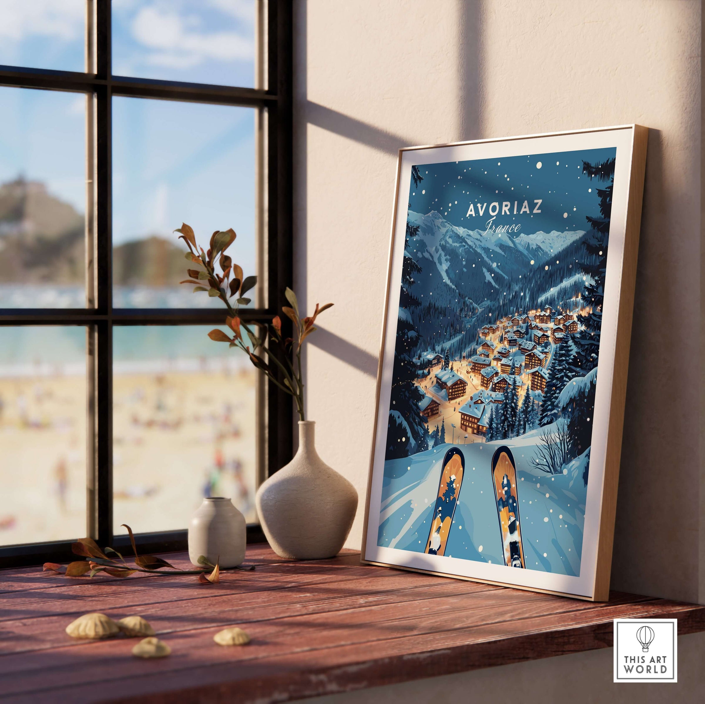 Avoriaz Poster - Winter Chalets Print | French Ski Home Decor displayed in a cozy room with a scenic view.